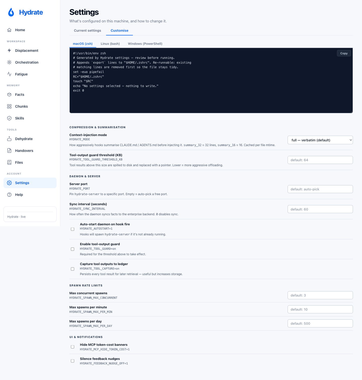Settings → Customise tab: the script builder